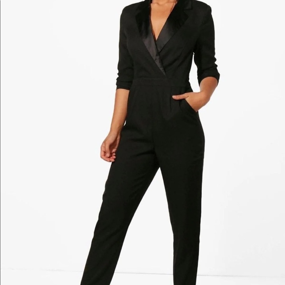 Sleek and sexy black tuxedo jumpsuit